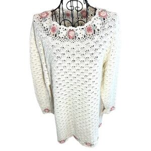 Vintage B. Moss Knitted by Hand Open Knit Floral Tunic Sweater Size Medium